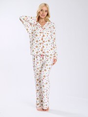 Loungeable Cream Cute Christmas Reindeer Button Shirt And Long Joggers Pyjamas Set - Image 4 of 9