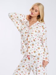 Loungeable Cream Cute Christmas Reindeer Button Shirt And Long Joggers Pyjamas Set - Image 5 of 9