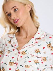 Loungeable Cream Cute Christmas Reindeer Button Shirt And Long Joggers Pyjamas Set - Image 6 of 9