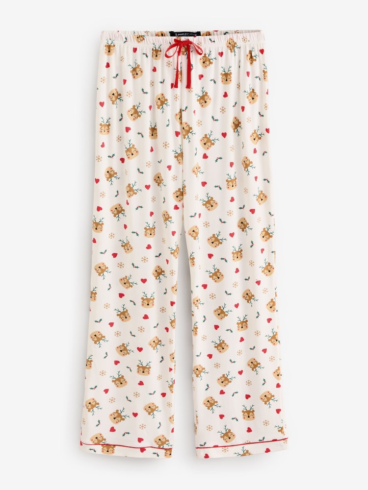 Loungeable Cream Cute Christmas Reindeer Button Shirt And Long Joggers Pyjamas Set - Image 9 of 9