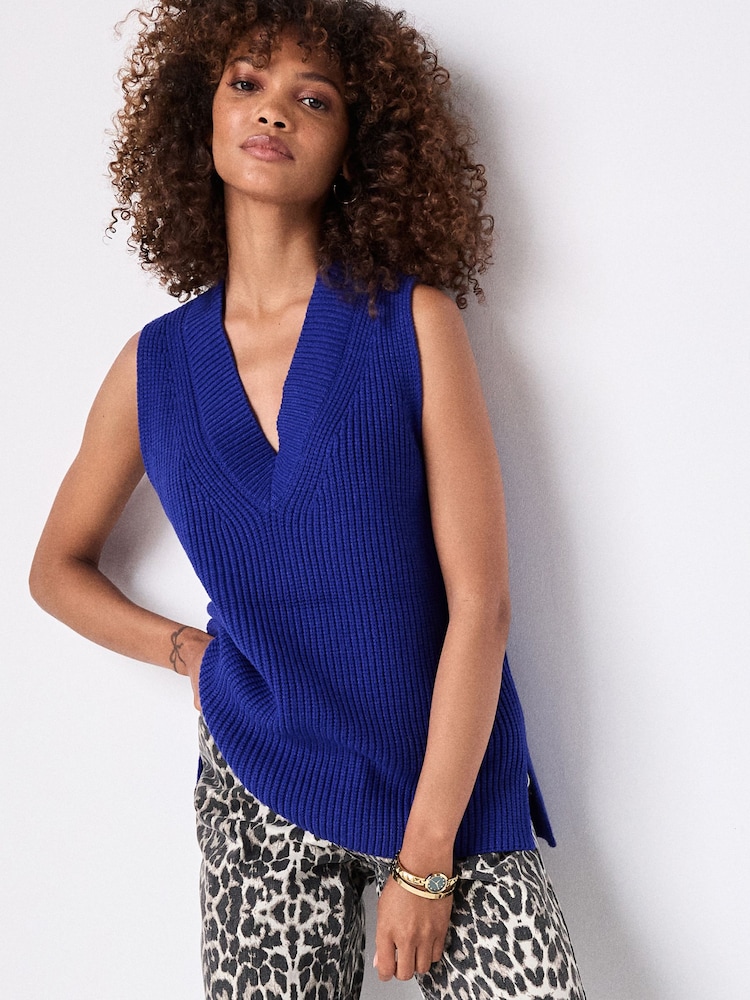 Cobalt Blue Longline Sleeveless Ribbed V-Neck Knitted Tank Vest Top - Image 1 of 8