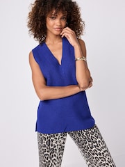 Cobalt Blue Longline Sleeveless Ribbed V-Neck Knitted Tank Vest Top - Image 2 of 8