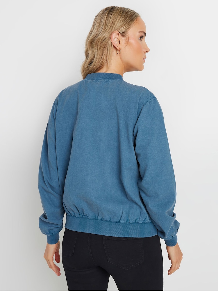 Long Tall Sally Blue 100% Cotton Acid Wash Denim Bomber Jacket - Image 4 of 5