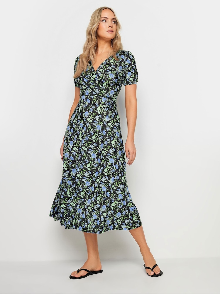 Long Tall Sally Black Floral Wrap Midi Dress - Image 2 of 5