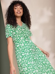 M&Co Green Ditsy Print V-Neck Short Sleeve Dress - Image 1 of 6
