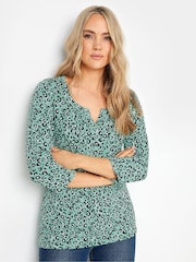 Long Tall Sally Green Animal 3/4 Sleeve Pintuck Henley 100% Cotton Top - Image 1 of 5