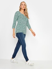 Long Tall Sally Green Animal 3/4 Sleeve Pintuck Henley 100% Cotton Top - Image 2 of 5