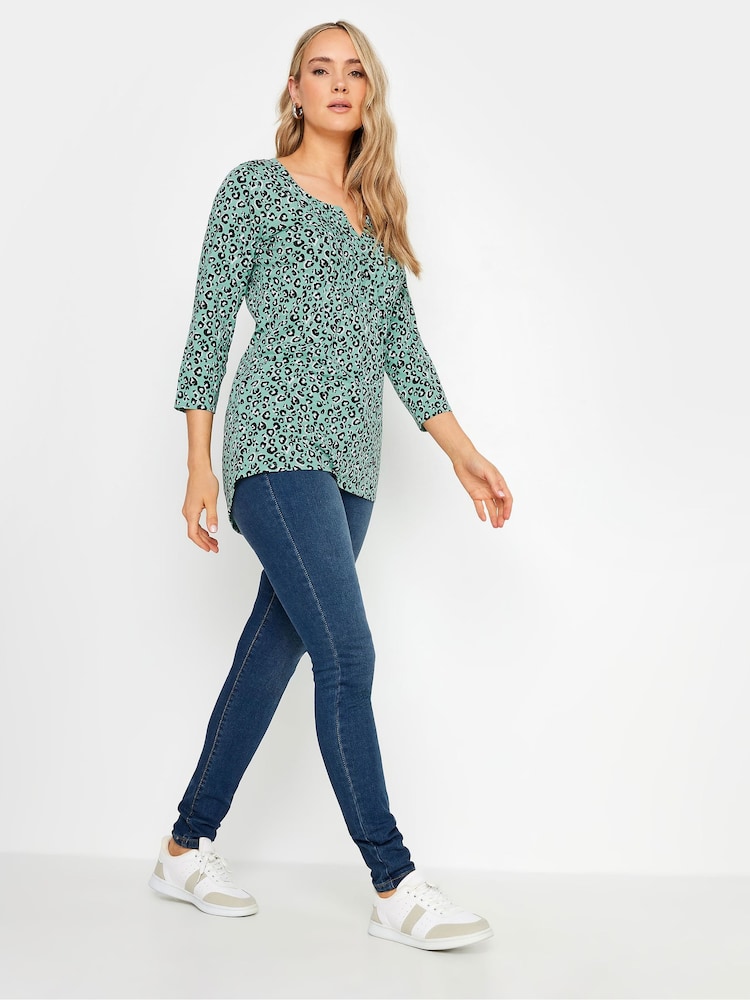 Long Tall Sally Green Animal 3/4 Sleeve Pintuck Henley 100% Cotton Top - Image 2 of 5