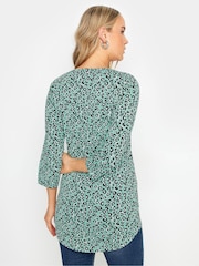 Long Tall Sally Green Animal 3/4 Sleeve Pintuck Henley 100% Cotton Top - Image 3 of 5