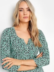 Long Tall Sally Green Animal 3/4 Sleeve Pintuck Henley 100% Cotton Top - Image 4 of 5