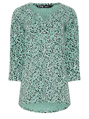 Long Tall Sally Green Animal 3/4 Sleeve Pintuck Henley 100% Cotton Top - Image 5 of 5