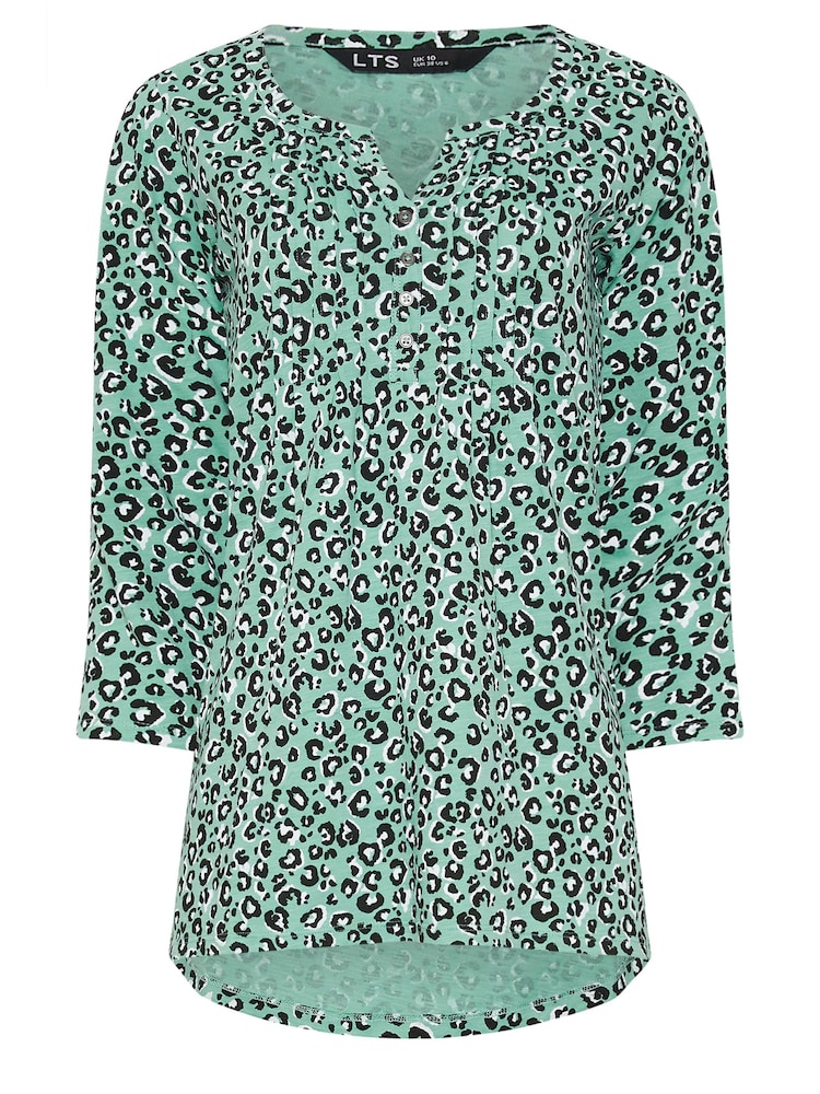 Long Tall Sally Green Animal 3/4 Sleeve Pintuck Henley 100% Cotton Top - Image 5 of 5