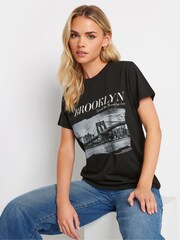 PixieGirl Petite Black 'Brooklyn' Slogan ed 100% Cotton T-Shirt - Image 1 of 5