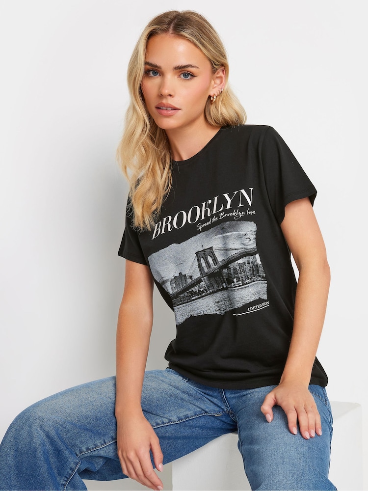 PixieGirl Petite Black 'Brooklyn' Slogan ed 100% Cotton T-Shirt - Image 1 of 5