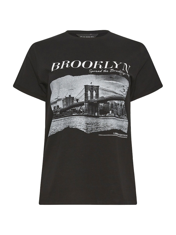 PixieGirl Petite Black 'Brooklyn' Slogan ed 100% Cotton T-Shirt - Image 5 of 5