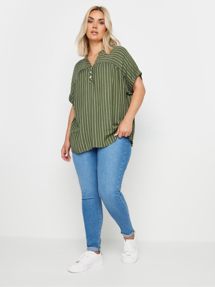 Yours Curve Green Stripe Notchneck Blouse - Image 2 of 5
