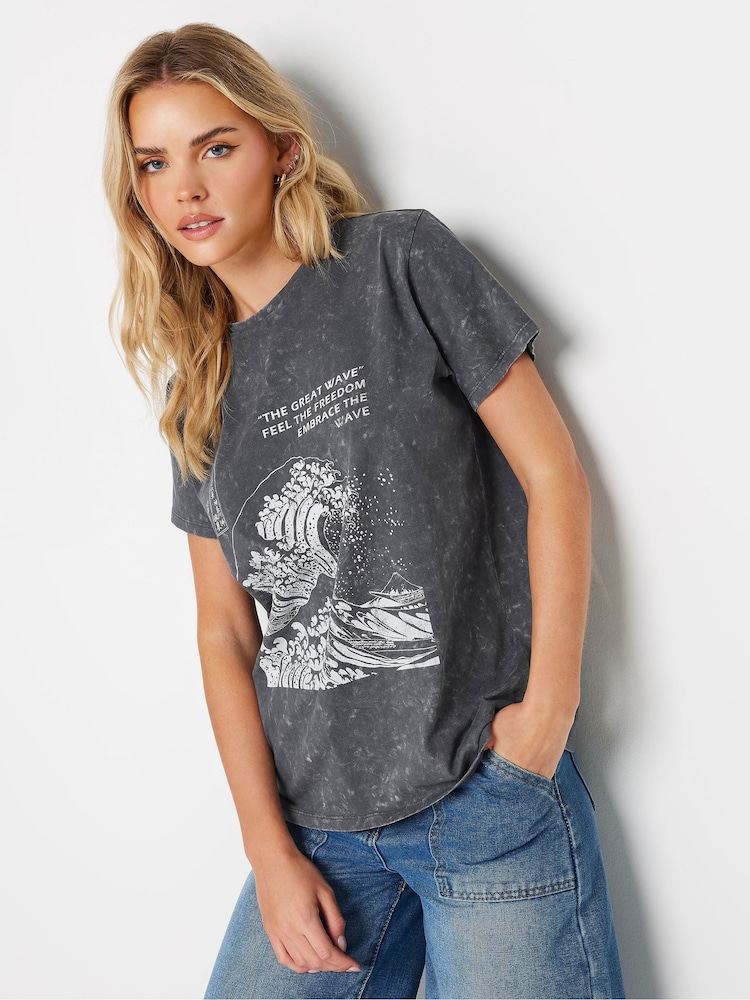 PixieGirl Petite Grey The Great Wave Slogan Ed 100% Cotton T-Shirt - Image 1 of 5