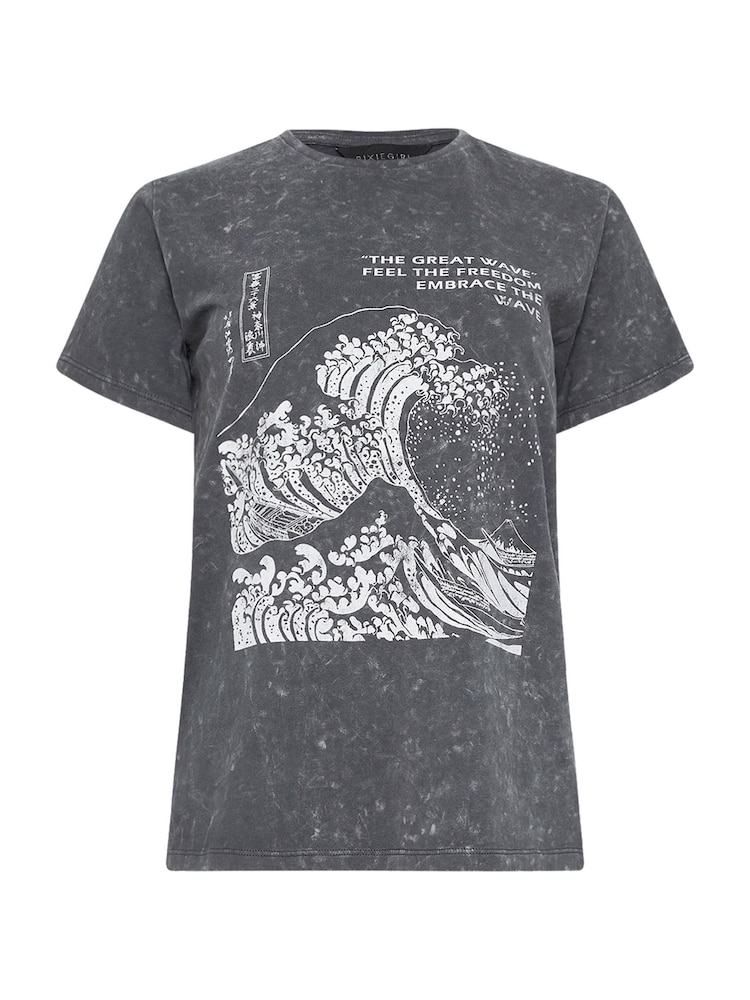 PixieGirl Petite Grey The Great Wave Slogan Ed 100% Cotton T-Shirt - Image 5 of 5