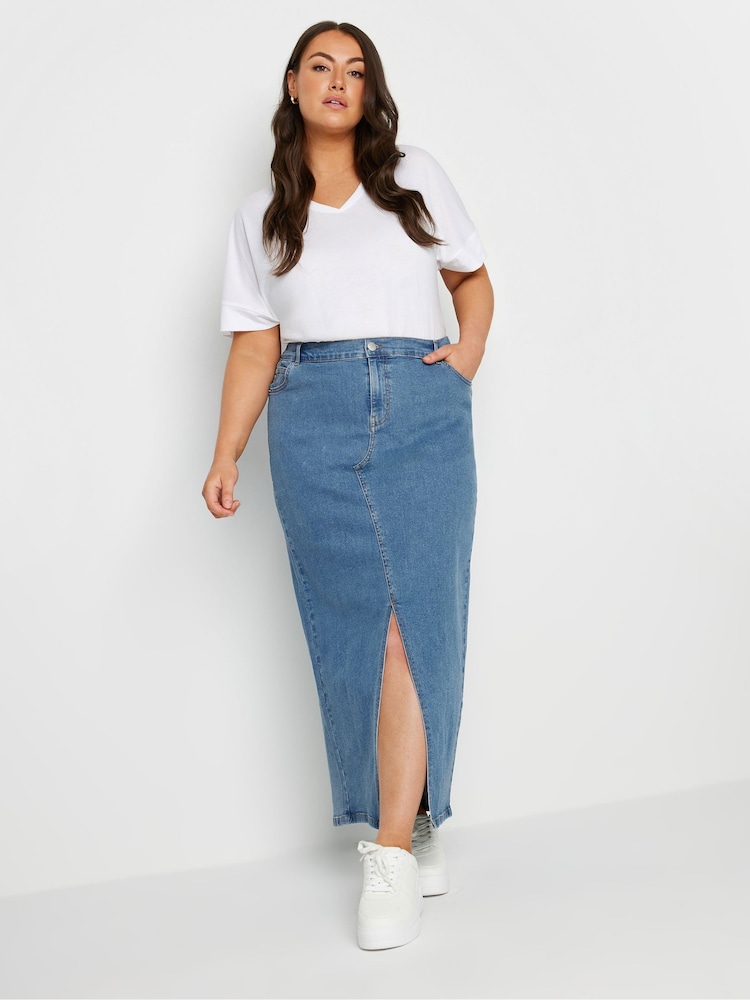 Yours Curve Blue Denim Maxi Skirt - Image 1 of 5