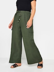 Yours Curve Green Linen Look Cargo Trousers - Image 1 of 5
