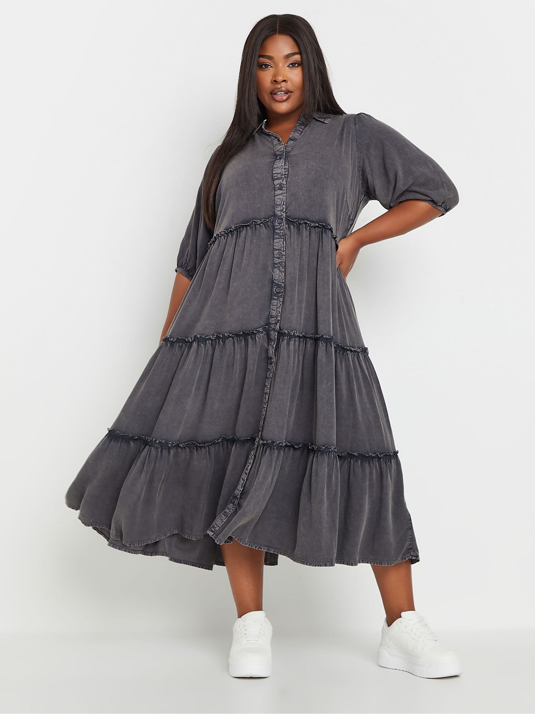 Grey - Yours Curve Button Front Chambray Midi 100% Cotton Dress