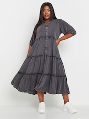 Yours Curve Grey Button Front Chambray Midi 100% Cotton Dress - Image 1 of 5