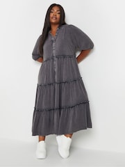 Yours Curve Grey Button Front Chambray Midi 100% Cotton Dress - Image 2 of 5