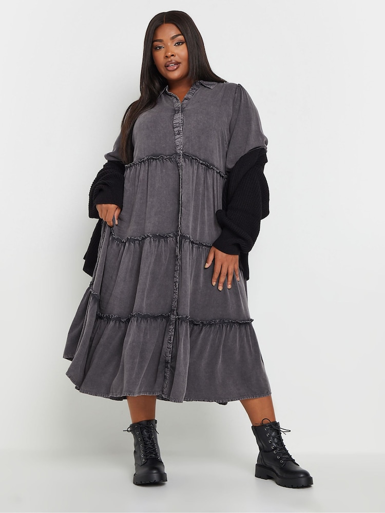 Yours Curve Grey Button Front Chambray Midi 100% Cotton Dress - Image 3 of 5