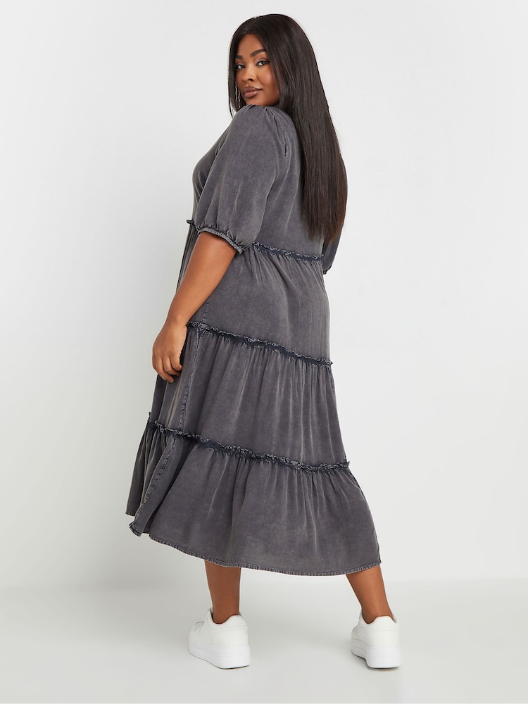 Yours Curve Grey Button Front Chambray Midi 100% Cotton Dress - Image 4 of 5