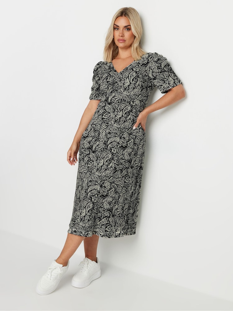 Yours Curve Black Paisley Print Textured Milkmaid Dress - Image 1 of 5