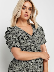 Yours Curve Black Paisley Print Textured Milkmaid Dress - Image 2 of 5