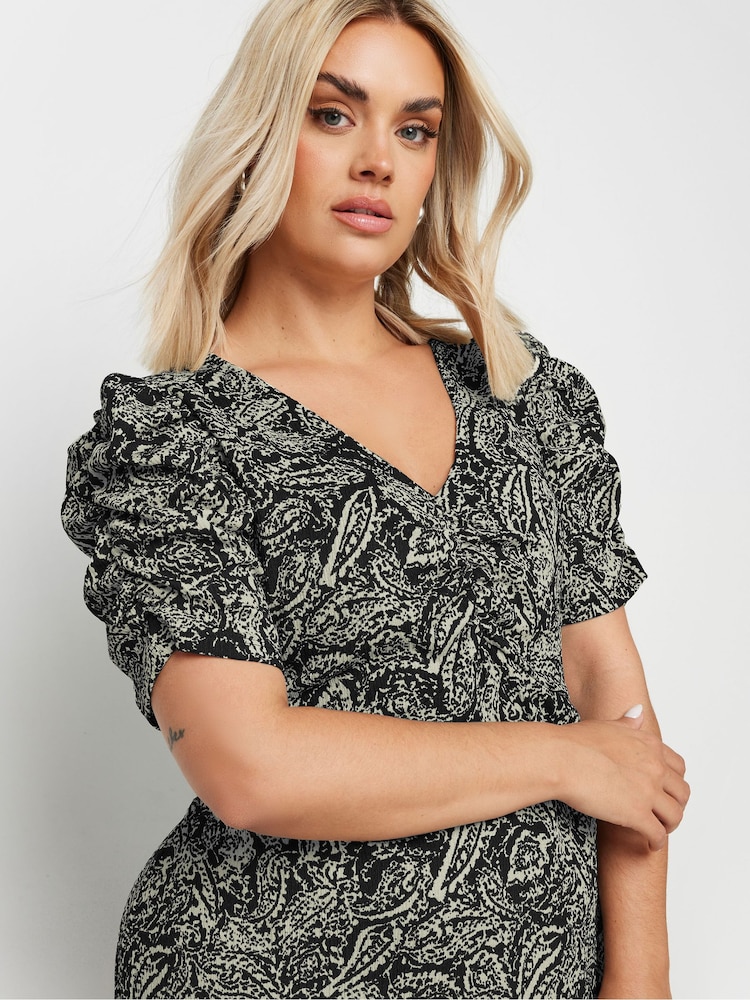 Yours Curve Black Paisley Print Textured Milkmaid Dress - Image 2 of 5