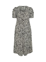 Yours Curve Black Paisley Print Textured Milkmaid Dress - Image 6 of 6