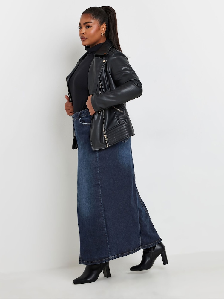 Yours Curve Blue Denim Godet Maxi Skirt - Image 2 of 6