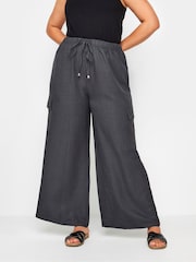 Yours Curve Grey Linen Look Cargo Trousers - Image 1 of 5