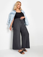 Yours Curve Grey Linen Look Cargo Trousers - Image 3 of 5
