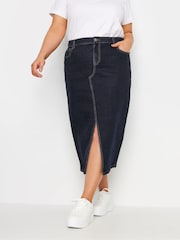 Yours Curve Blue Midi Stretch Denim Skirt - Image 1 of 5