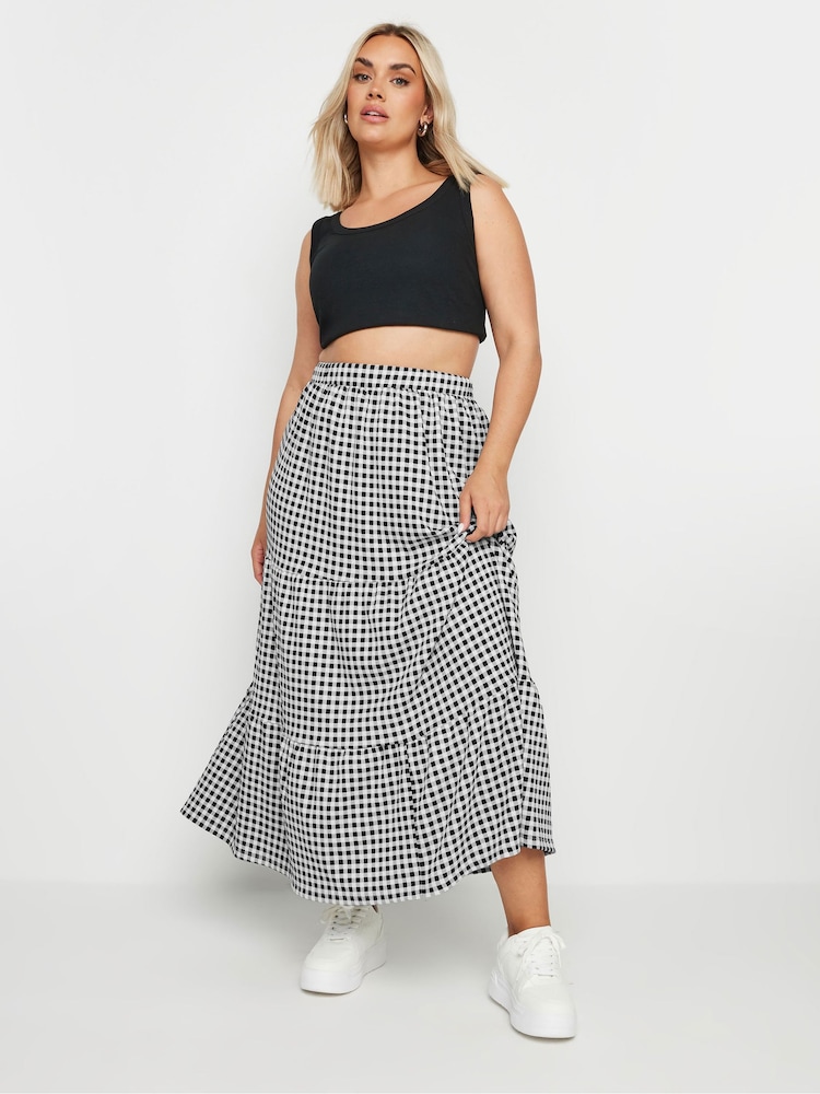 Yours Curve Black Gingham Jersey Tiered Skirt - Image 1 of 5