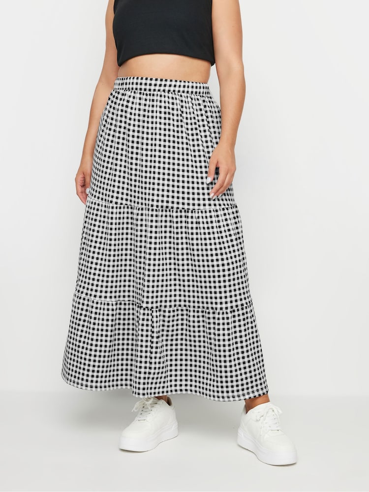 Yours Curve Black Gingham Jersey Tiered Skirt - Image 2 of 5