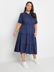Yours Curve Blue Button Front Chambray Midi 100% Cotton Dress - Image 1 of 5