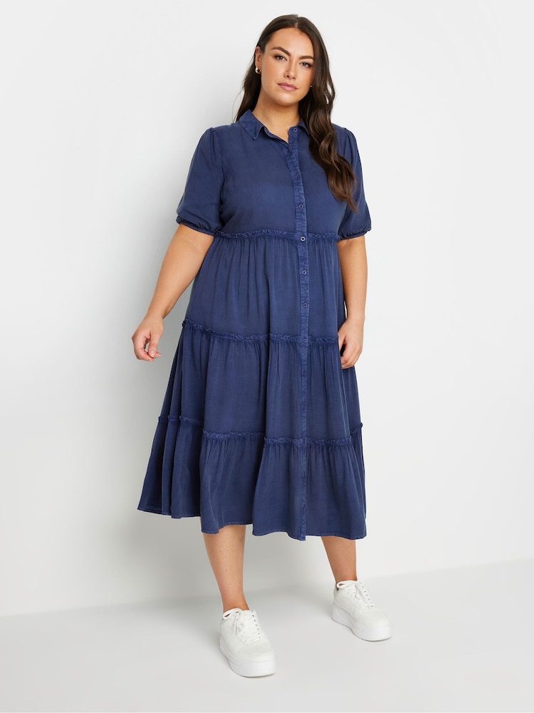 Yours Curve Blue Button Front Chambray Midi 100% Cotton Dress - Image 1 of 5