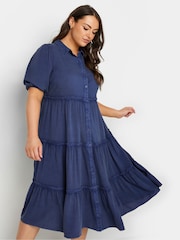 Yours Curve Blue Button Front Chambray Midi 100% Cotton Dress - Image 2 of 5
