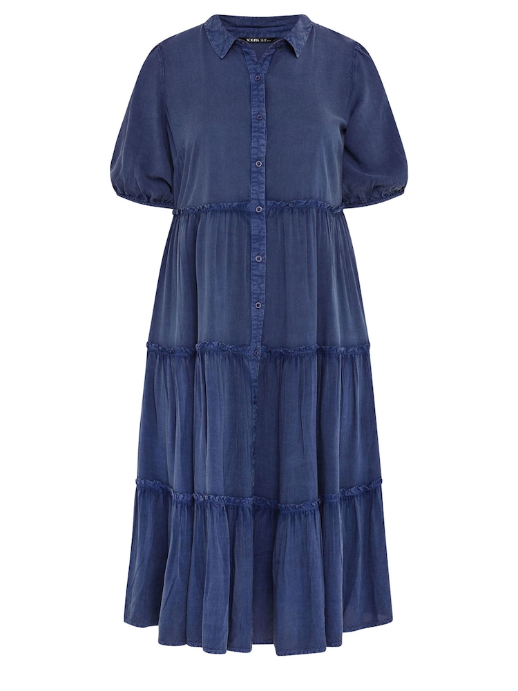 Yours Curve Blue Button Front Chambray Midi 100% Cotton Dress - Image 5 of 5