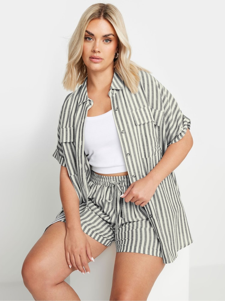 Yours Curve Black Short Sleeve Linen Pinstripe Shirt - Image 1 of 5
