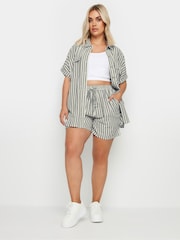 Yours Curve Black Short Sleeve Linen Pinstripe Shirt - Image 2 of 5