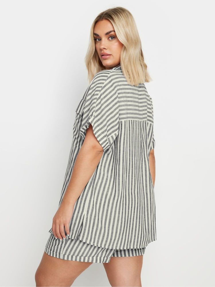 Yours Curve Black Short Sleeve Linen Pinstripe Shirt - Image 3 of 5