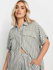 Yours Curve Black Short Sleeve Linen Pinstripe Shirt - Image 4 of 5