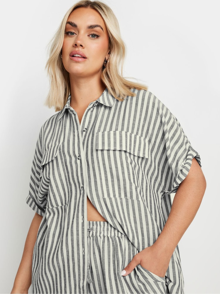 Yours Curve Black Short Sleeve Linen Pinstripe Shirt - Image 4 of 5