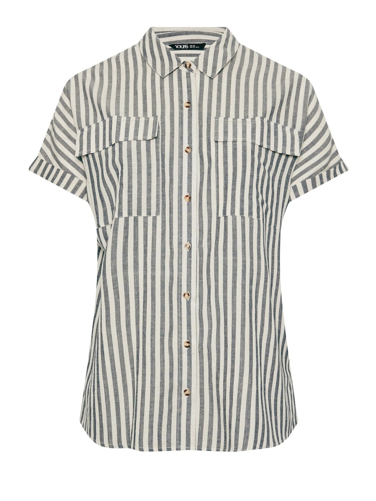 Yours Curve Black Short Sleeve Linen Pinstripe Shirt - Image 5 of 5