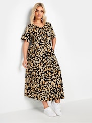 Yours Curve Natural Leopard Print Short Sleeve Pleated Front Maxi Dress - Image 1 of 5